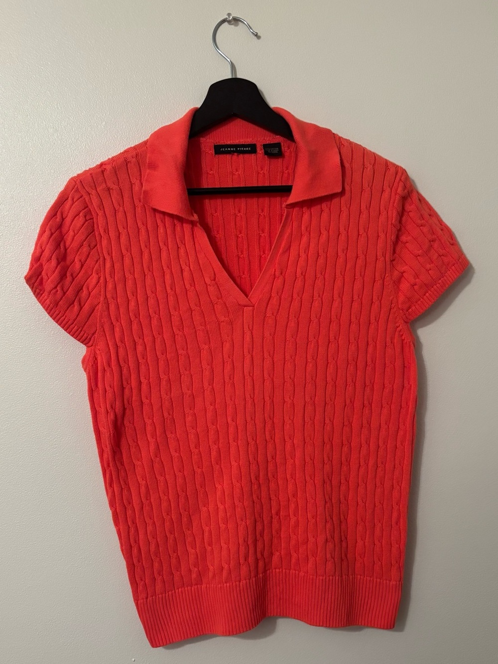 JEANNE PIERRE Cable-Knit Short Sleeve Polo Sweater in Coral | Approx Small
